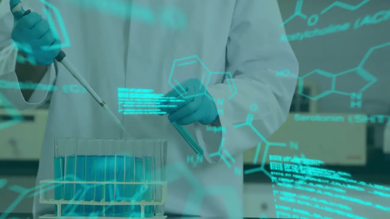 Animation of scientific data processing over male scientist in laboratory