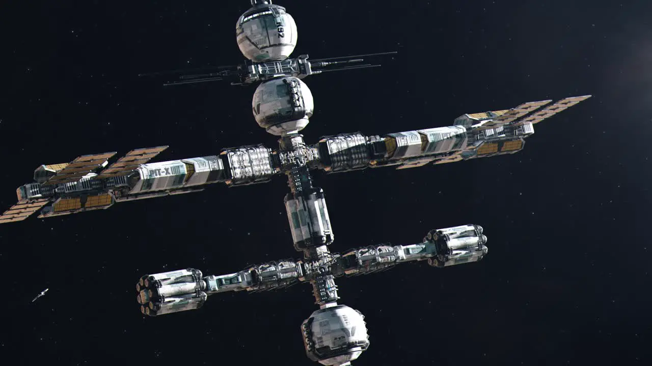 Establishing Shot of a Futuristic Space Station in Deep Space