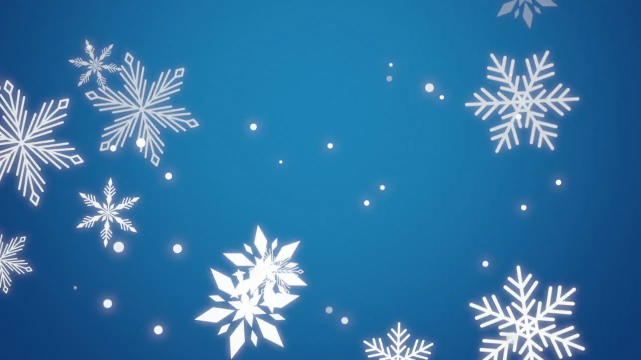 Animation fly white snowflakes and glitters on blue holiday background