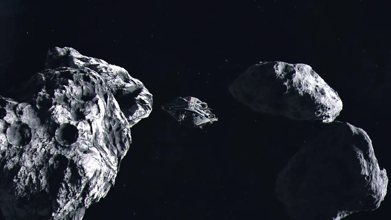 Futuristic Battleship in Outer Space Flying Through a Large Asteroid Field