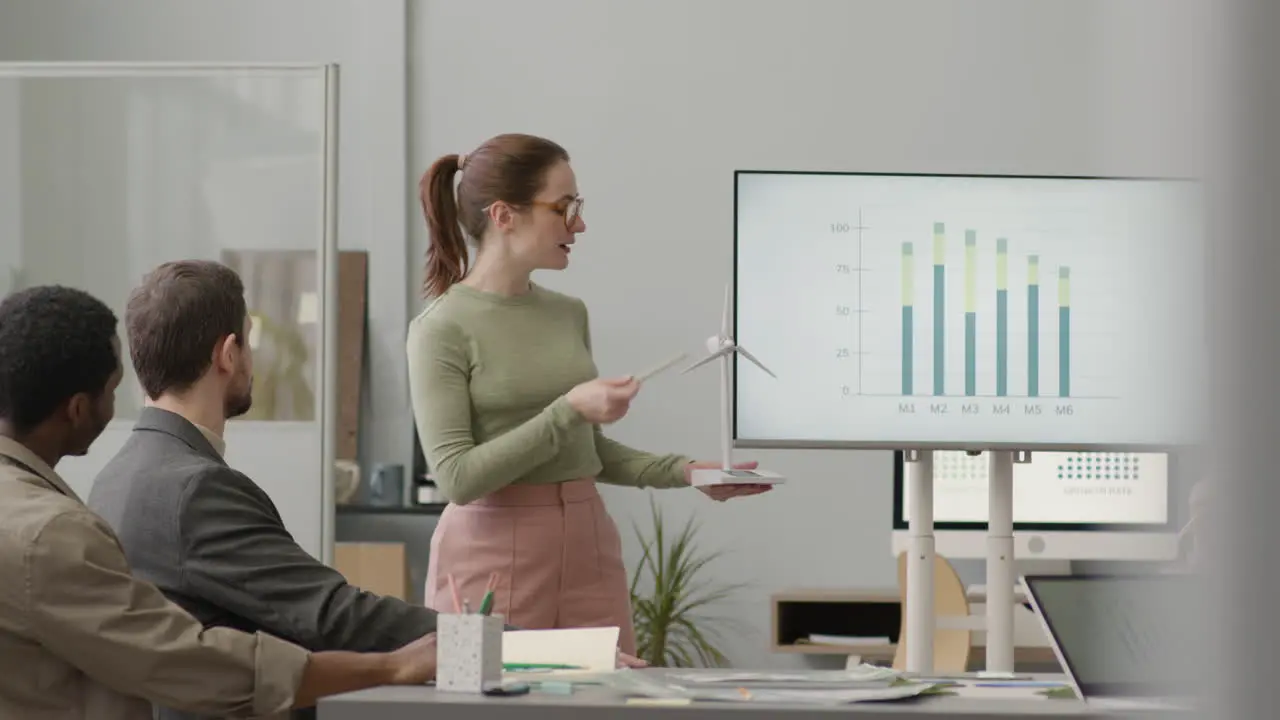 Businesswoman Explaining Wind Turbine Model And Showing Data Graph During A Meeting In The Office