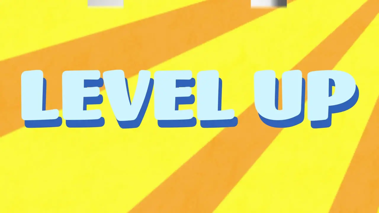 Animation of level up text banner and arrow moving in seamless pattern on yellow radial background