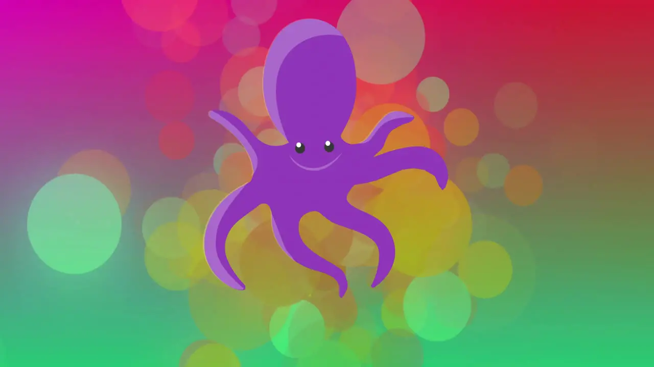 Animation of happy octopus over colourful spots on colourful background