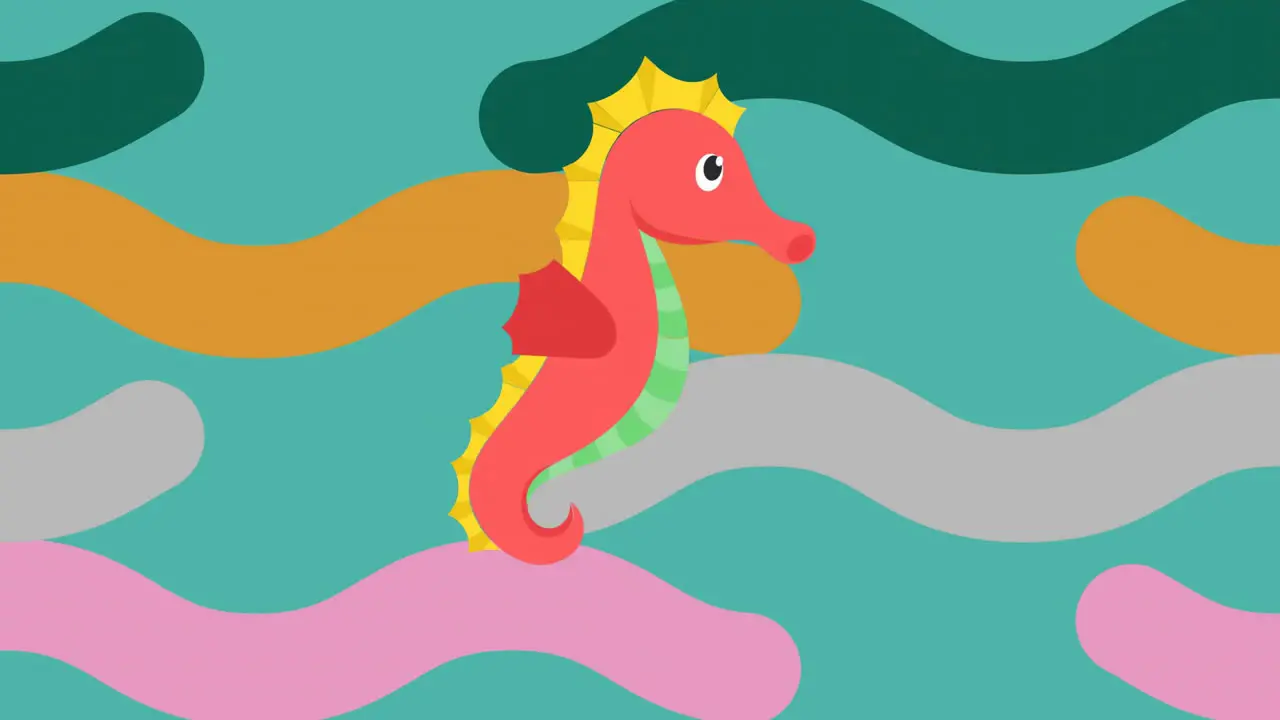 Animation of seahorse and colourful shapes on green background