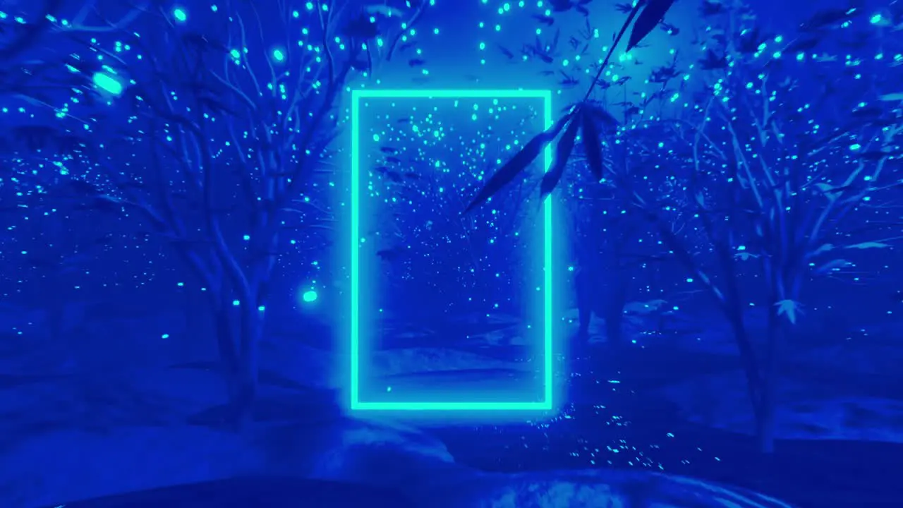 Animation of glowing frame and trees over multi coloured changing background