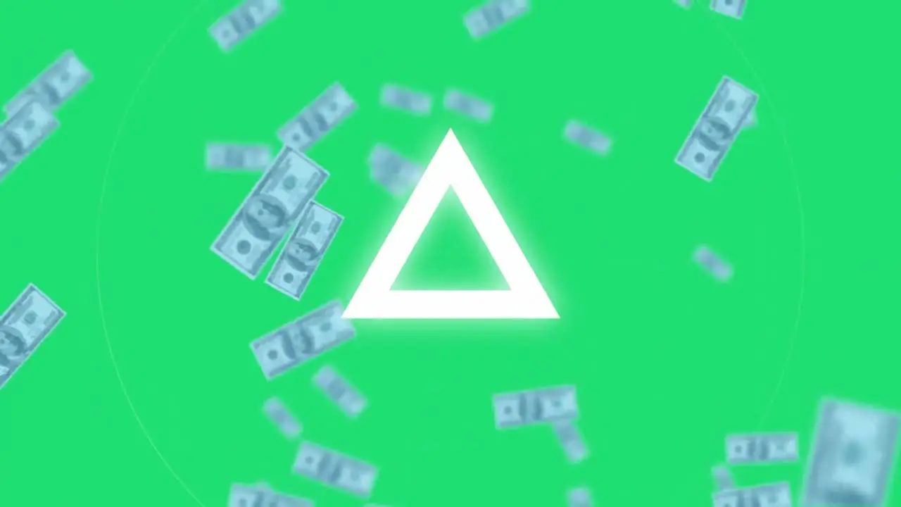 Animation of white triangle and falling banknotes on green background