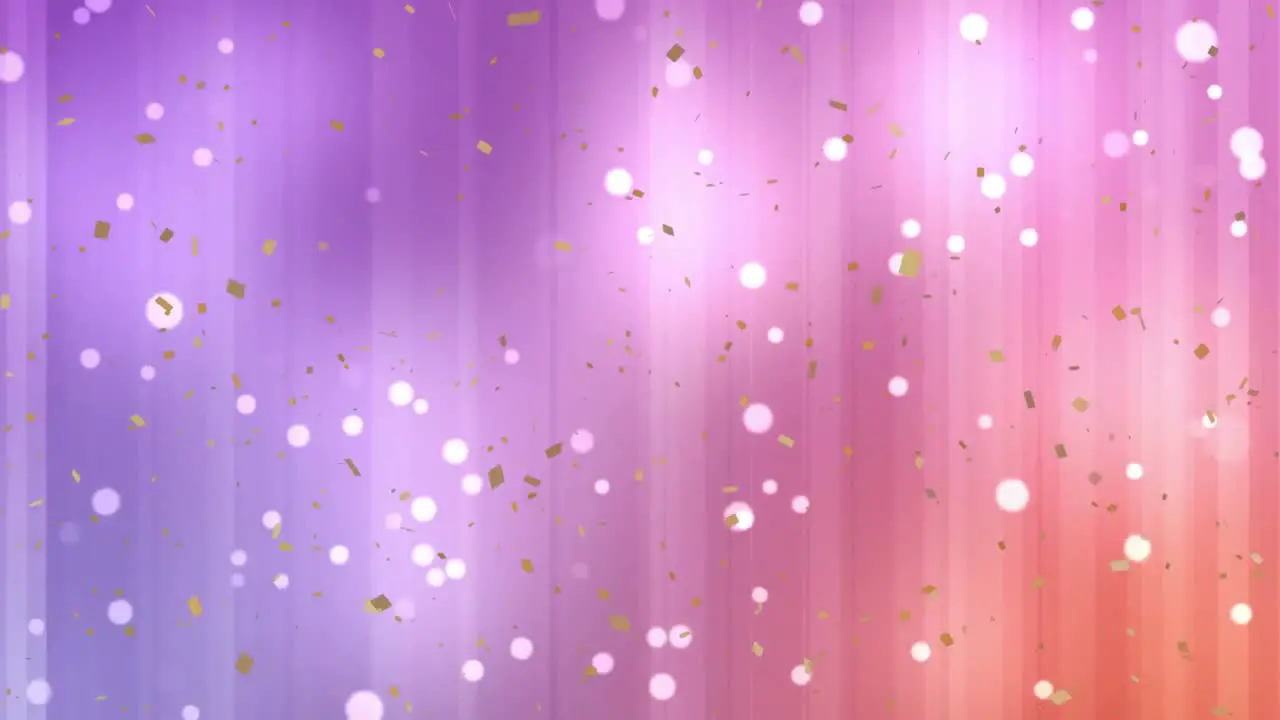 Golden confetti and white spots against pink and purple gradient striped background