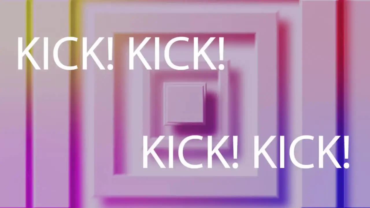 Animation of kick text over shapes on purple background