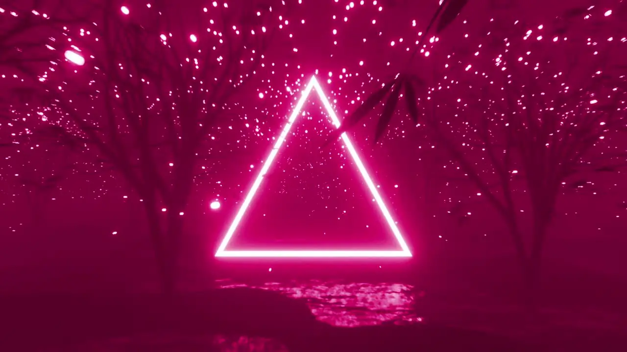 Animation of glowing triangle and trees over multi coloured changing background