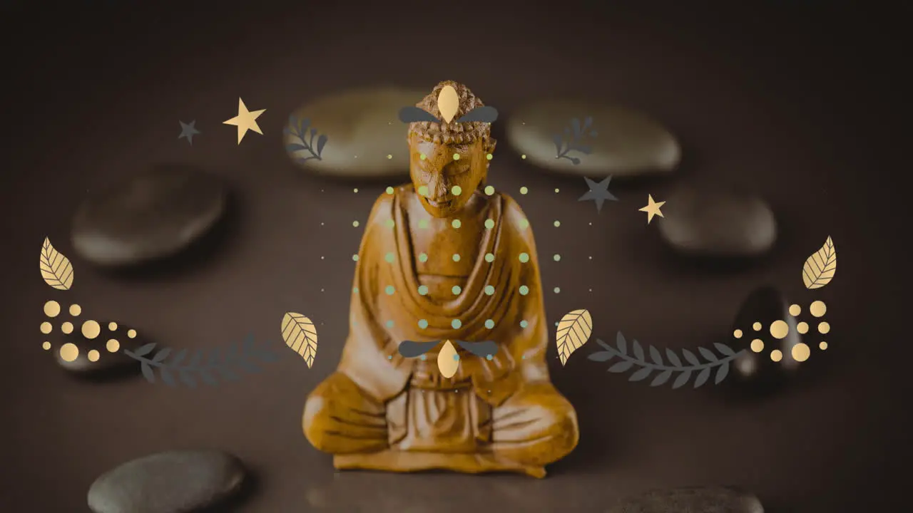 Animation of looping circles over leaves and stone around buddha statue