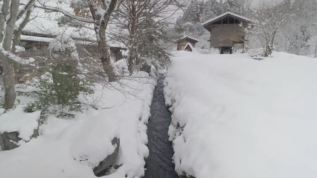 A river in winter in Japan in the small village of Shirakawago in Japanese Alps