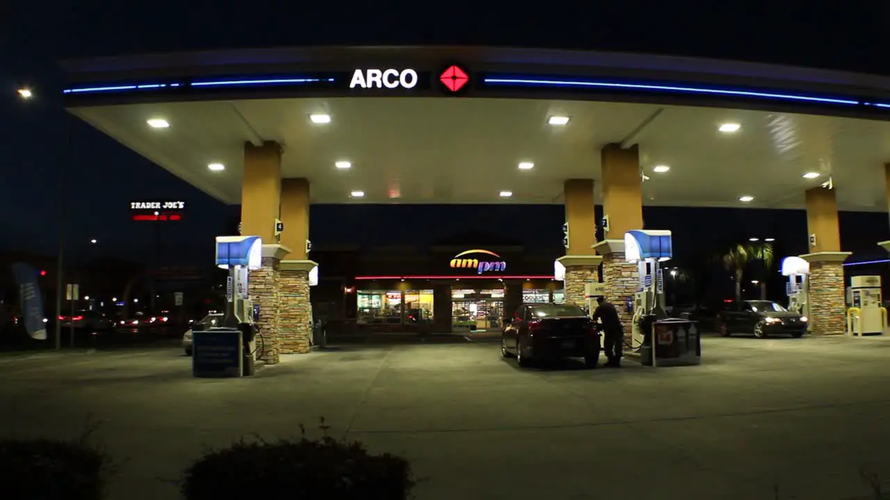 Arco Gas Station Wide Establishing Shot Night