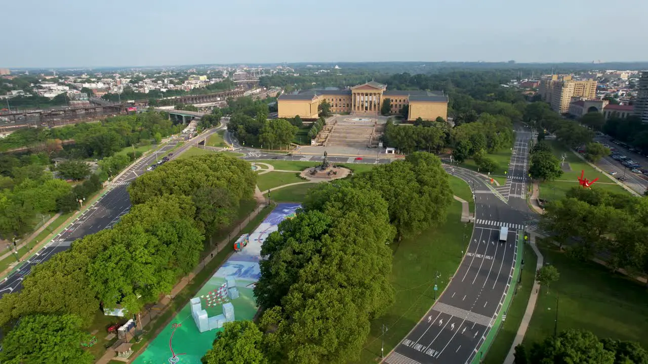 Philadelphia Art Museum drone golden hour with new mural in Eakins Oval