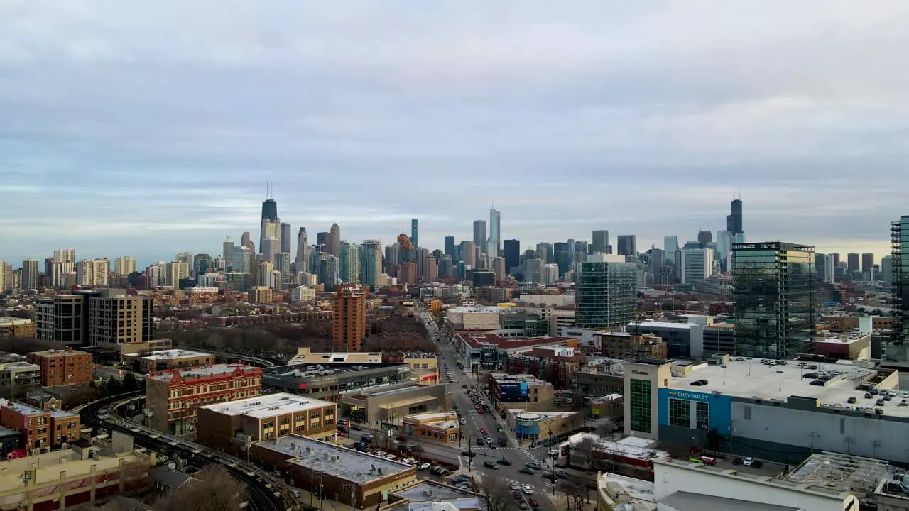 City Skyline of Chicago in the Evening Aerial Establishing Flight