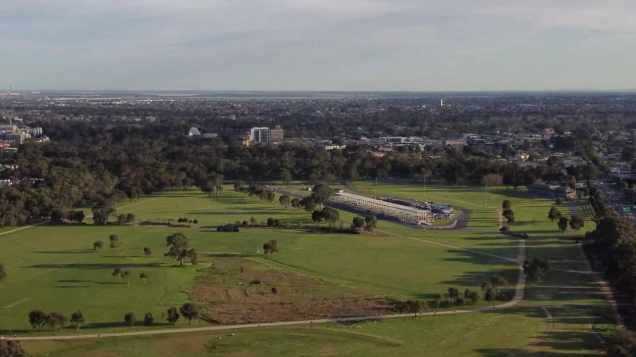 Drone shot of the Adelaide Parklands with the grandstand for the Adelaide 500 V8 Supercar race being built