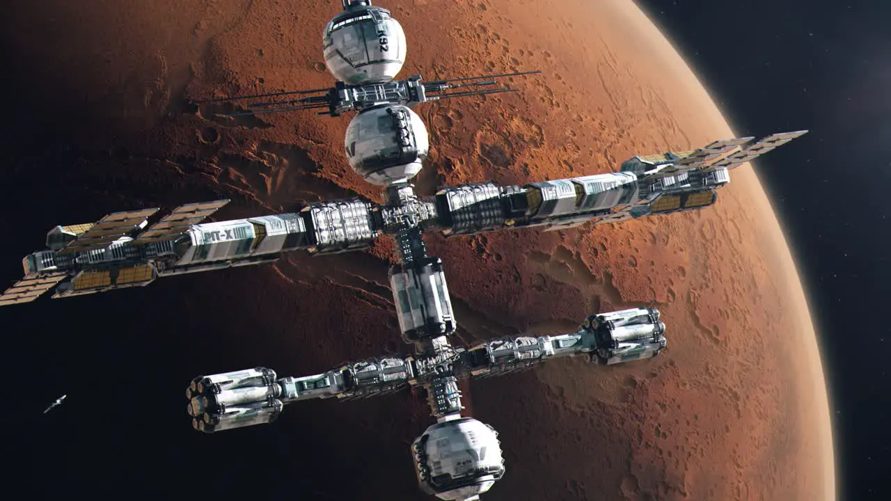 Establishing Shot of a Futuristic Space Station Orbiting Mars The Red Planet