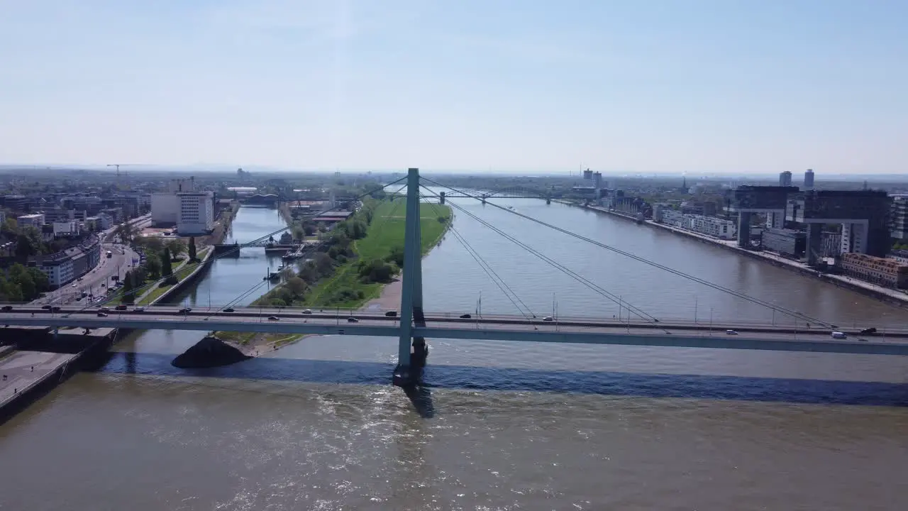 Aerial Perspective of Crane House Buildings with the Severin Bridge Traffic in the City in Cologne