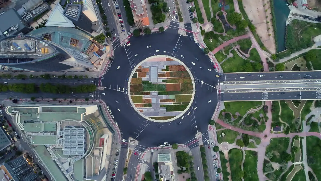 Aerial view of roundabout with traffic in the city of Valencia Spain