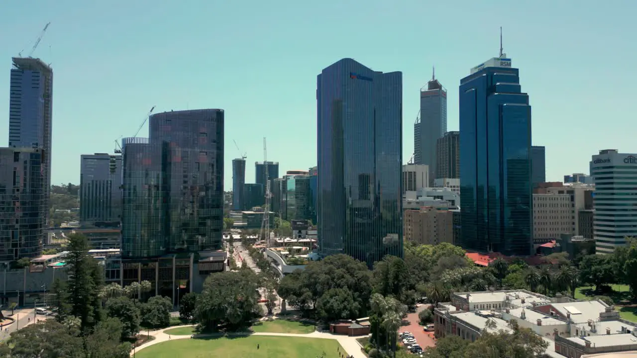 Aerial Rising Shot over Perth City Downtown Skyscrapers Australia