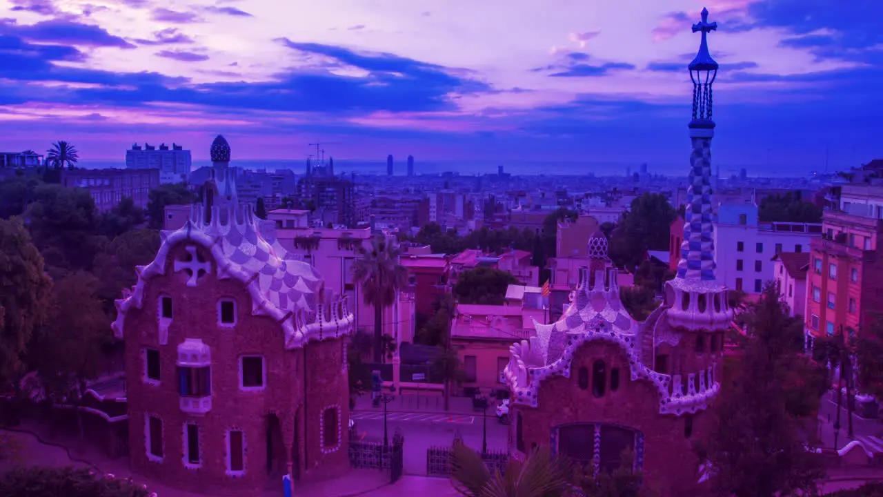 Barcelona skyline timelapse Park Guell designed by Antoni Gaudi in Barcelona