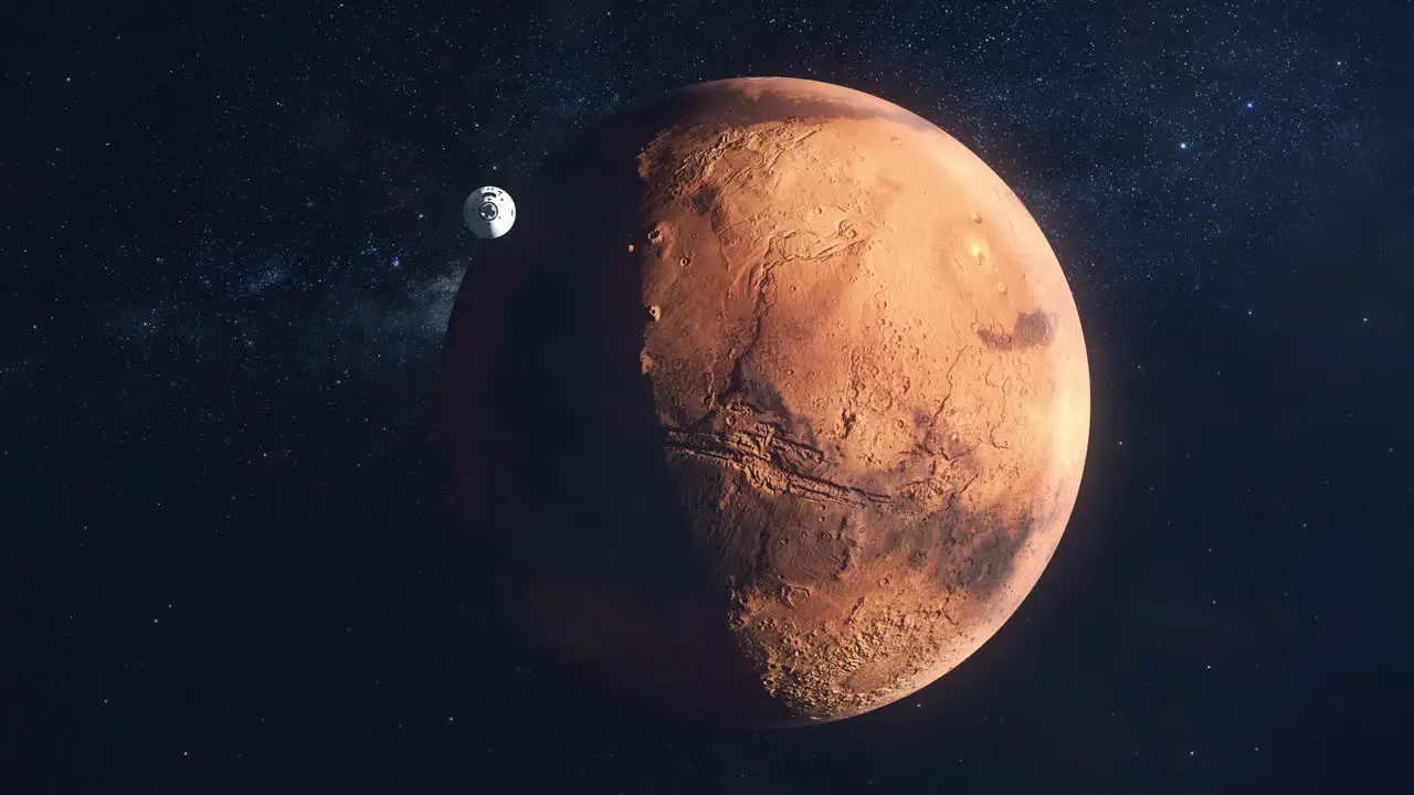 Spaceship Flying Past the Camera and Approaching the Red Planet Mars