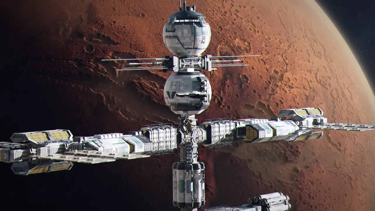 Close Establishing Shot of a Futuristic Space Station Orbiting Mars The Red Planet