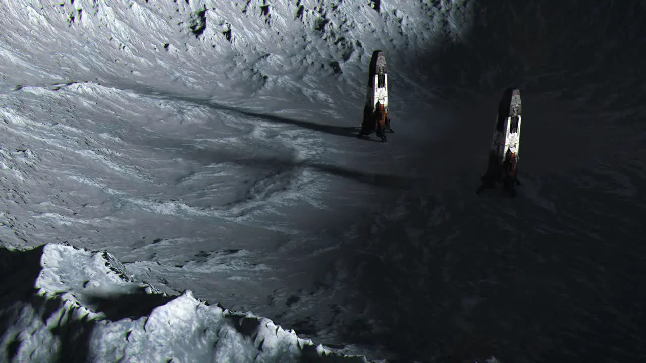 Establishing Shot of Two Space Rockets on the Surface of the Moon