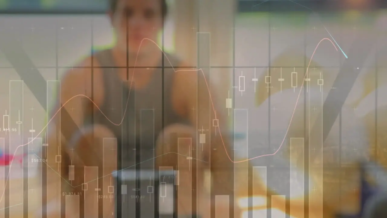 Animation of statistics and data processing over man using rowing machine