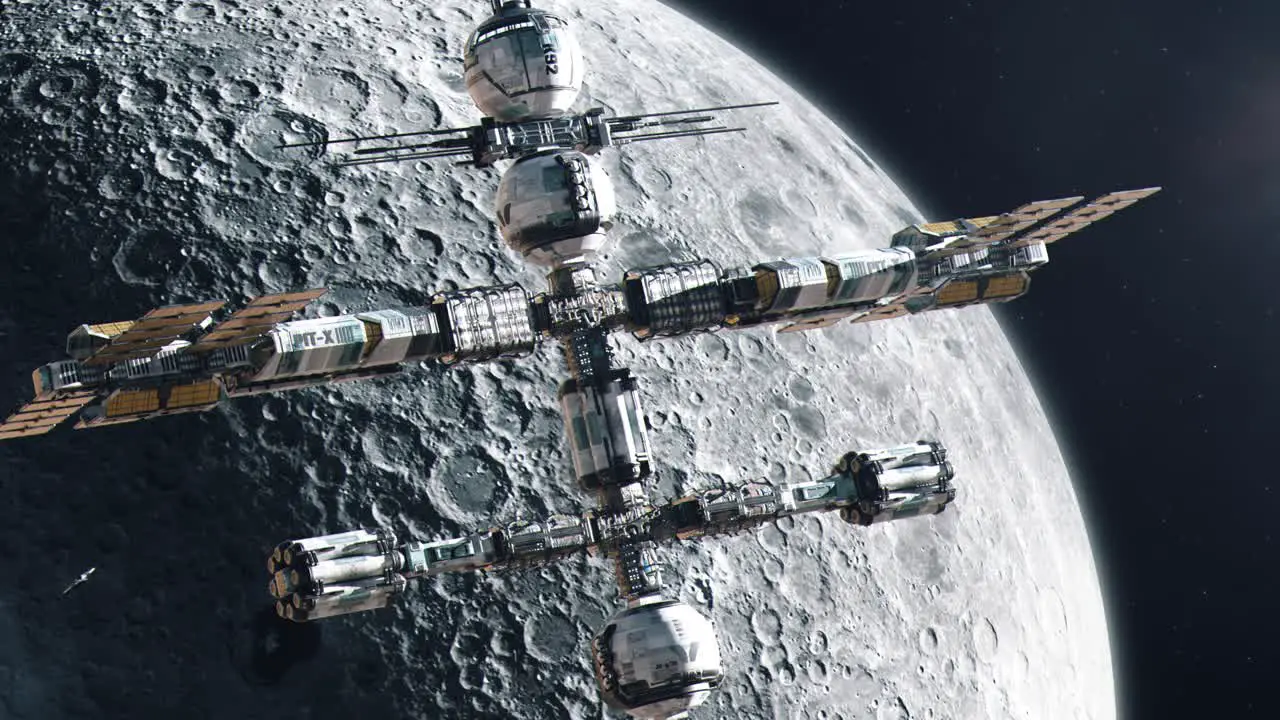 Establishing Shot of a Futuristic Space Station Orbiting The Moon