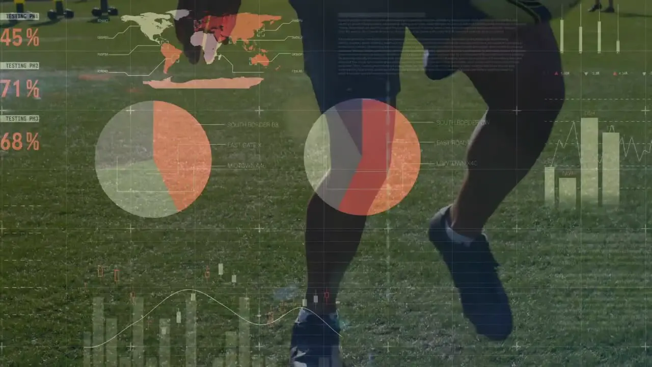 Animation of statistical data processing over mid section of male soccer player juggling football