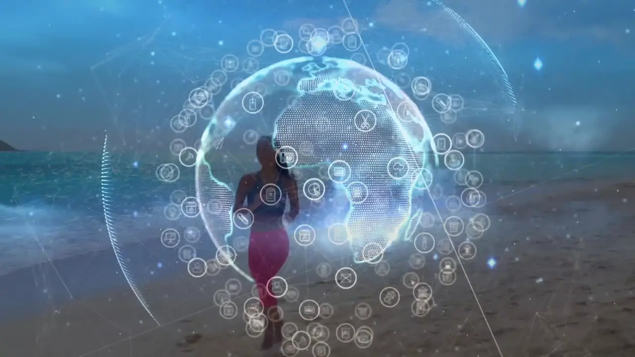 Animation of globe of networks of connections over woman running by seaside