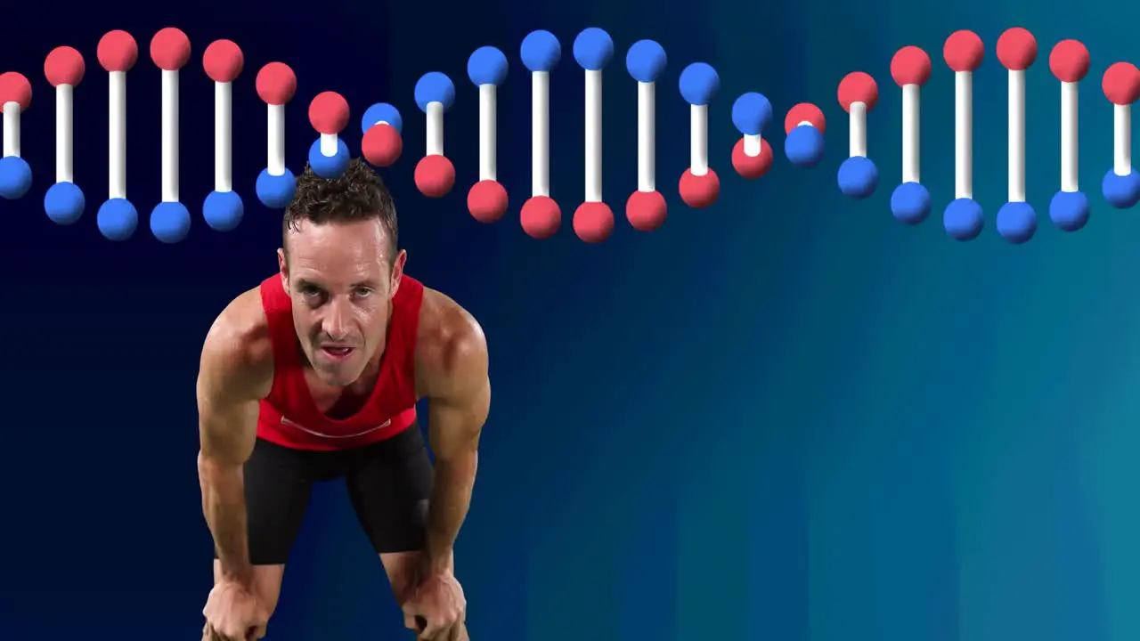 Animation of dna strand over male sportsman resting