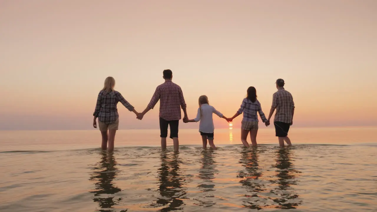 Parents With Children Have Fun In The Water Beautiful Sunset Over The Sea