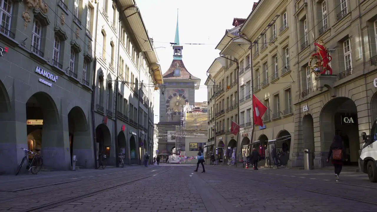 Bern view of the famous clock tower Zytglogge from the historic street Marktgasse