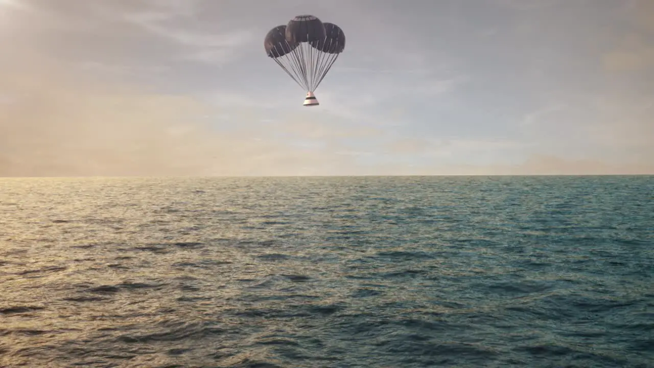 Space Capsule Returning to Earth with Parachutes over the Ocean