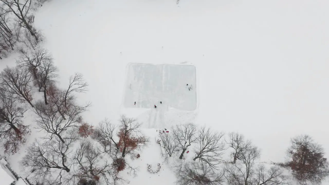 Aerial top down friends and family skating on a homemade backyard ice rink