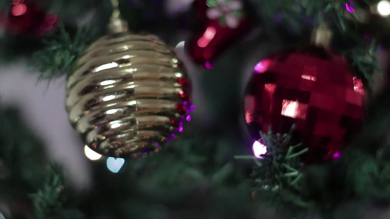 Christmas decorations and lights on a Christmas tree