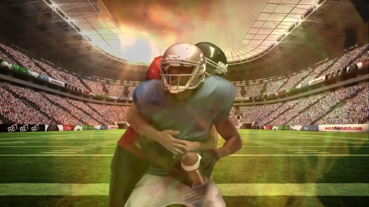 Digital composite of American football players in stadium tackle 