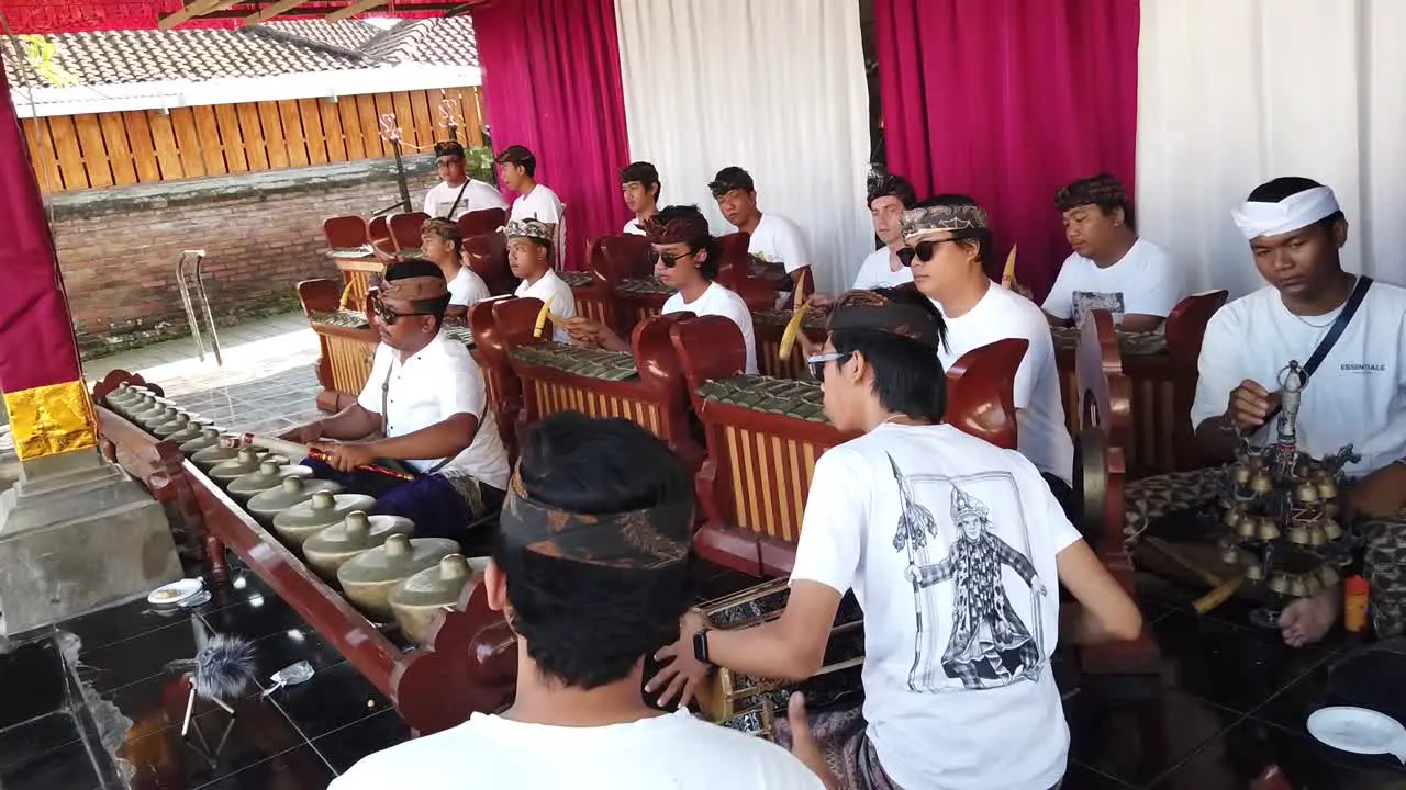 Musical Group Performs Gamelan Music Traditional Art and Culture Bali Indonesia at Hindu Temple Ceremony