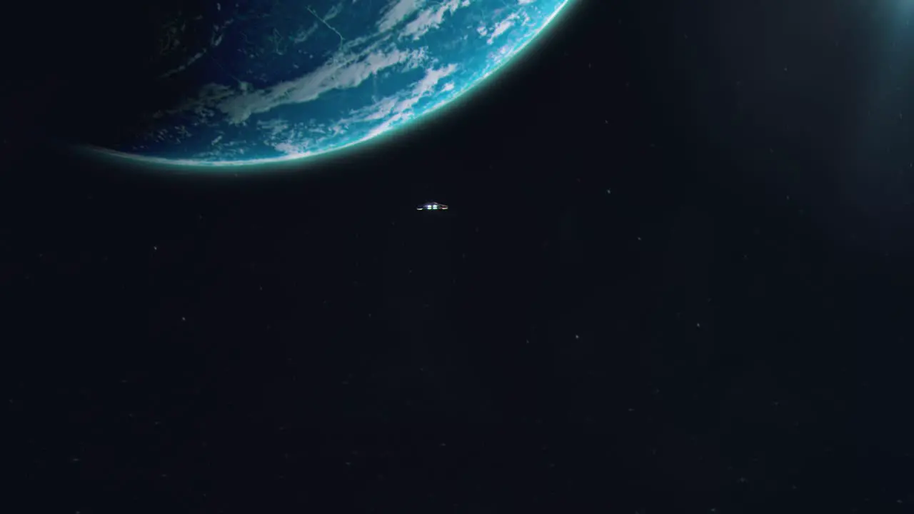 Establishing Shot of a Small Spaceship Approaching an Alien World Lush Planet