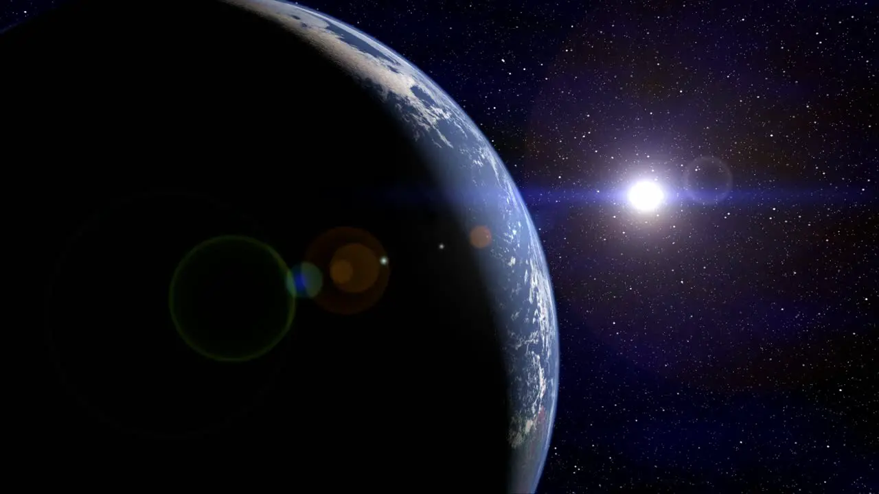 The Planet Earth Rotates Facing The Sun In Starry Space (Loop)