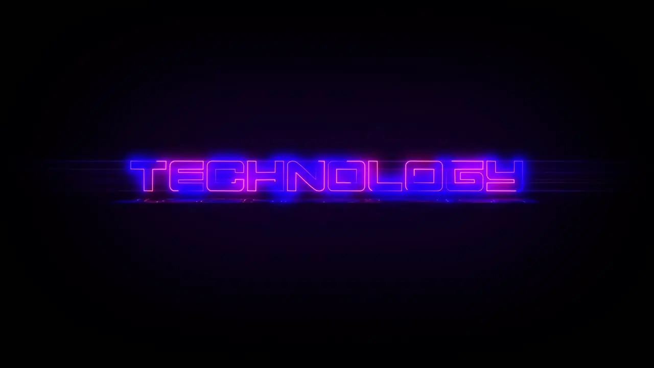 Flashing TECHNOLOGY electric blue and pink neon Sign flashing on and off with flicker reflection and anamorphic lights in 4k