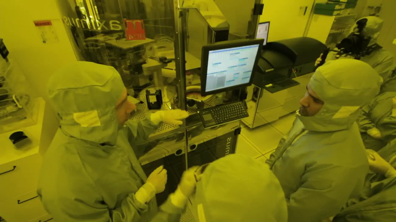 Group of scientists talking in a billable researching room