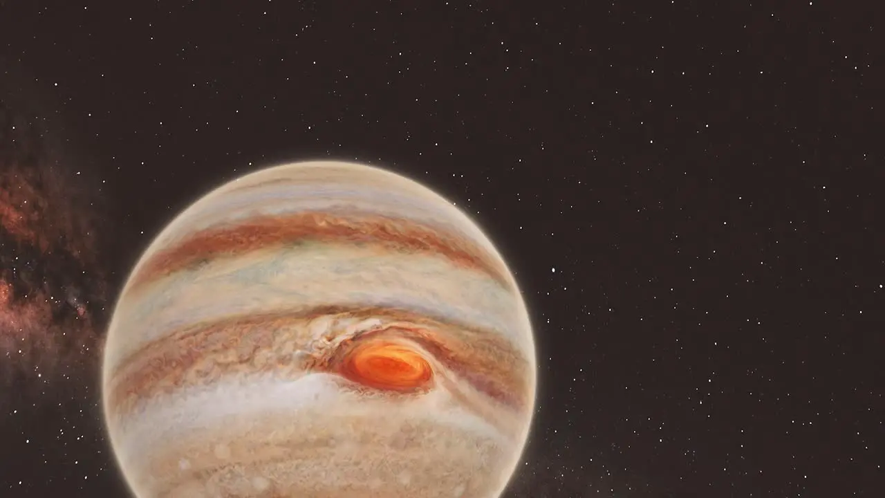 Jupiter Fast Zoom Wide to Close Up of Big Red Eye Storm with Milky Way Galaxy in Background Space Clip 4K