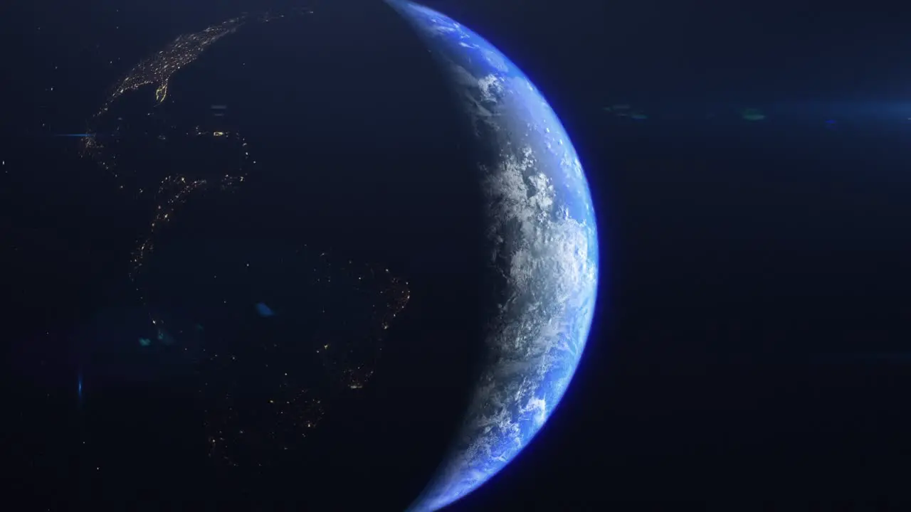 Space view of illuminated side of night and the day side of the Blue planet Earth Cinematic Anamorphic flares