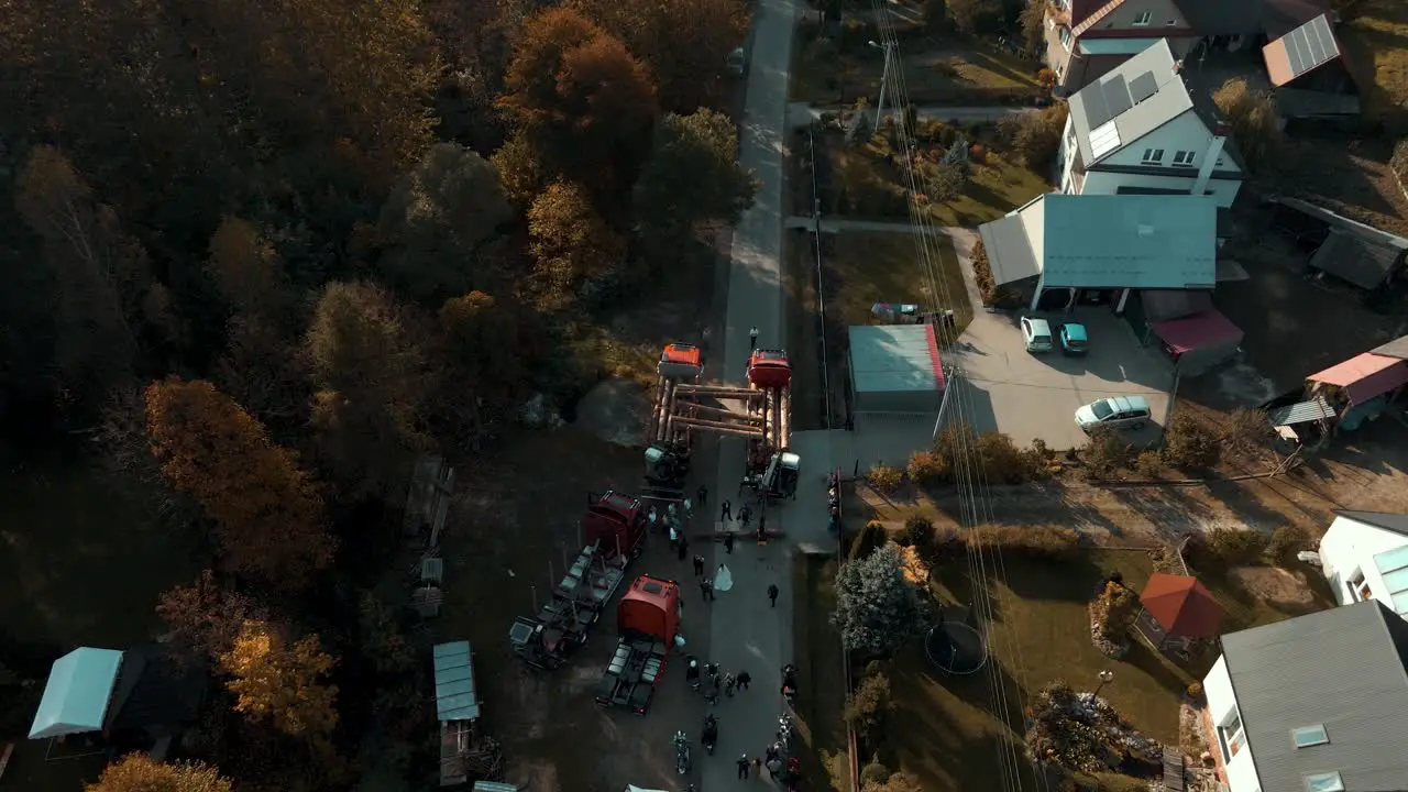 Bird eye view of loading timber trucks with tree logs