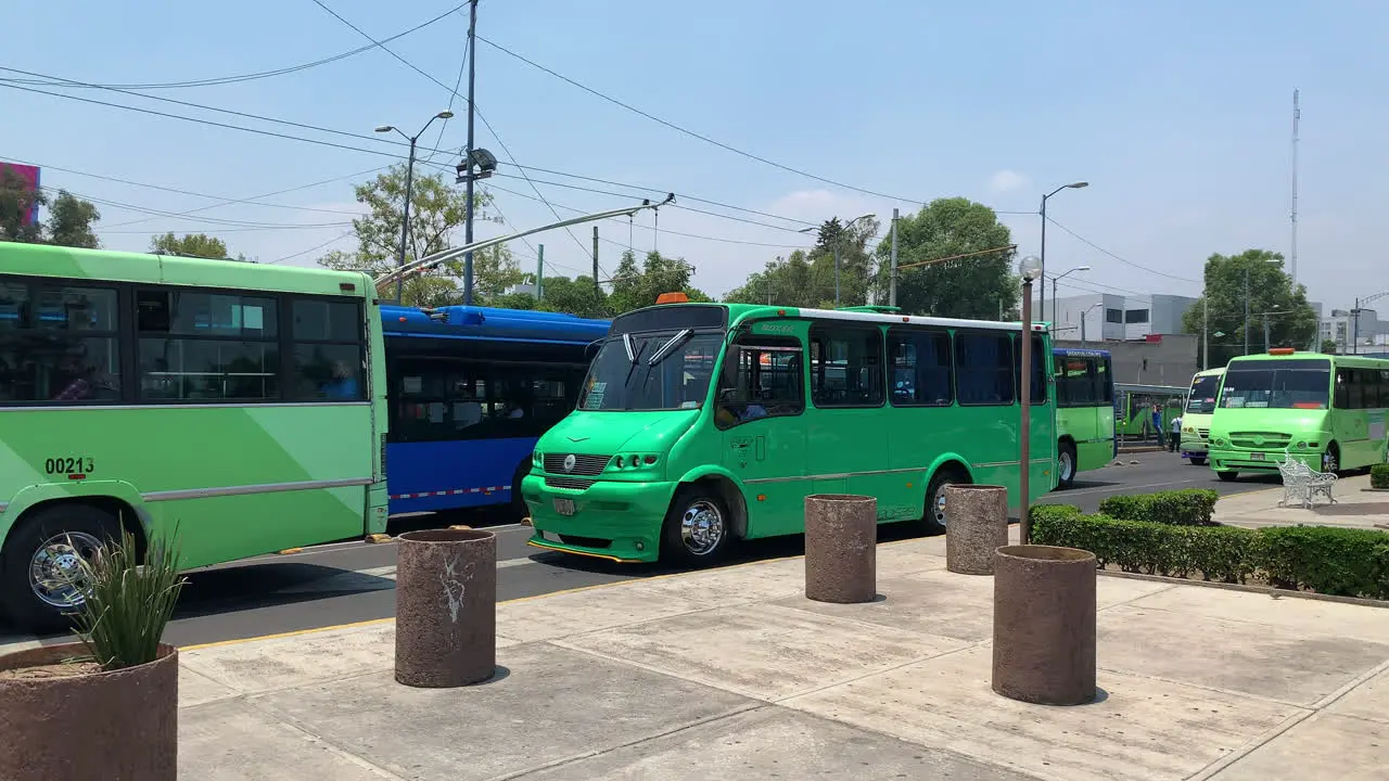 Row Of Traditional Mexican Green La Buseta Buses At Mexico City Bus Station