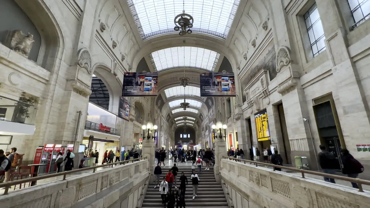 Wide angle establishing shot Milano Centrale train station in Italy