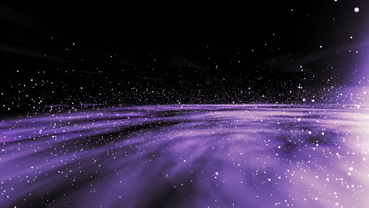 Side on fly through a purple galaxy with a glowing center stars and cloud rings