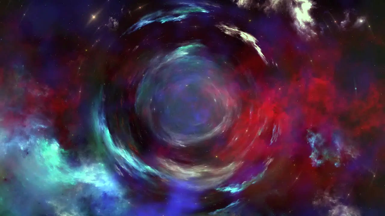 Rotating space time dream vortex in red teal nebula clouds